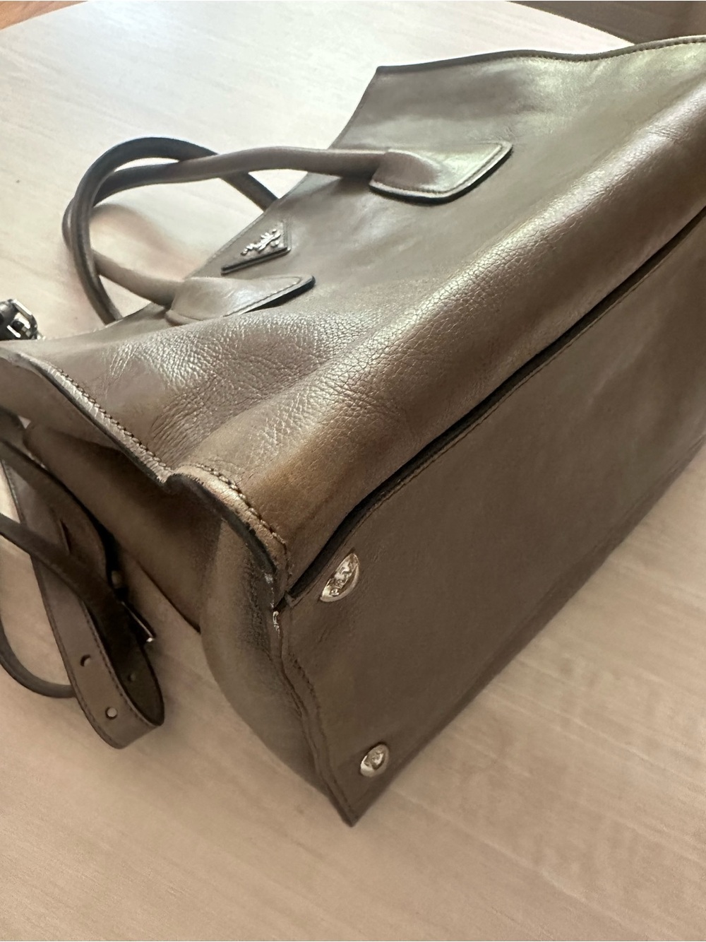 Prada GLACE’CALF Leather Tote with Double Handles - Gray - Picture 10 of 13